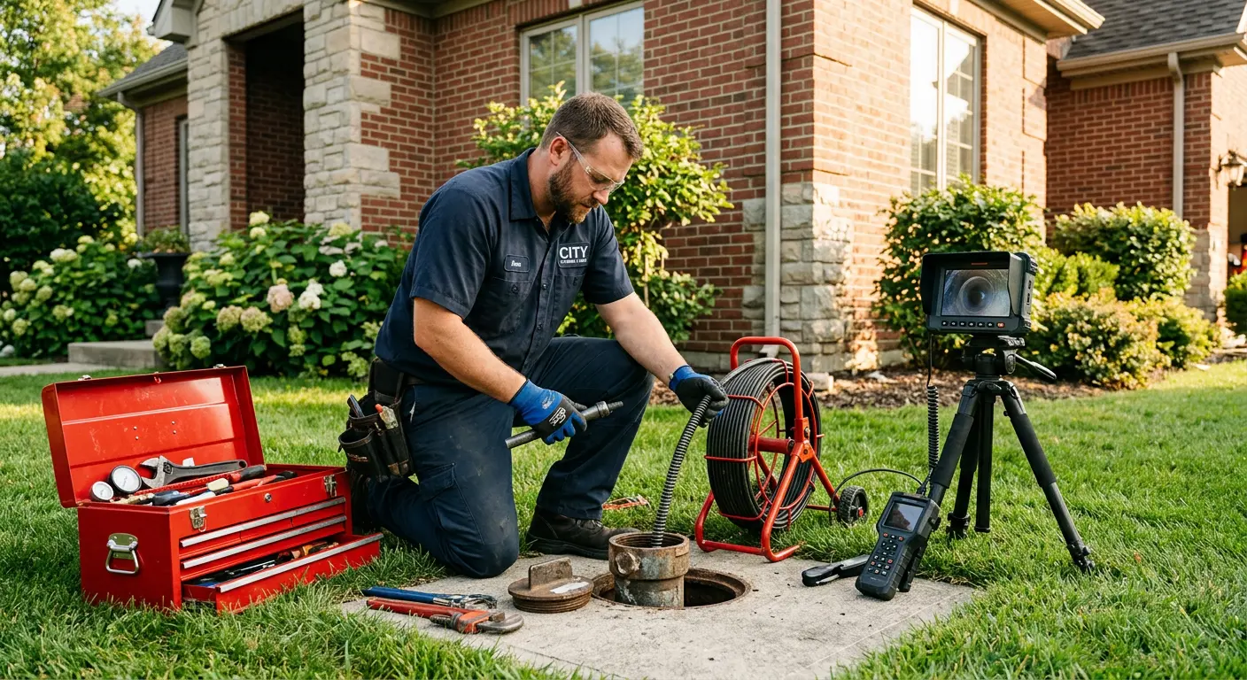 Sewer specialist with camera equipment servicing a cleanout in Cortland