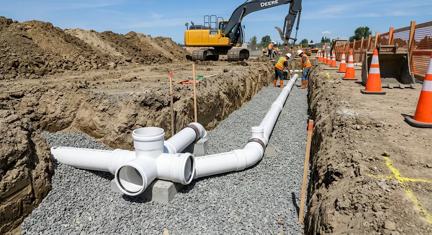 New PVC sewer pipe installation in open trench for Commercial Drain Cleaning in Cortland