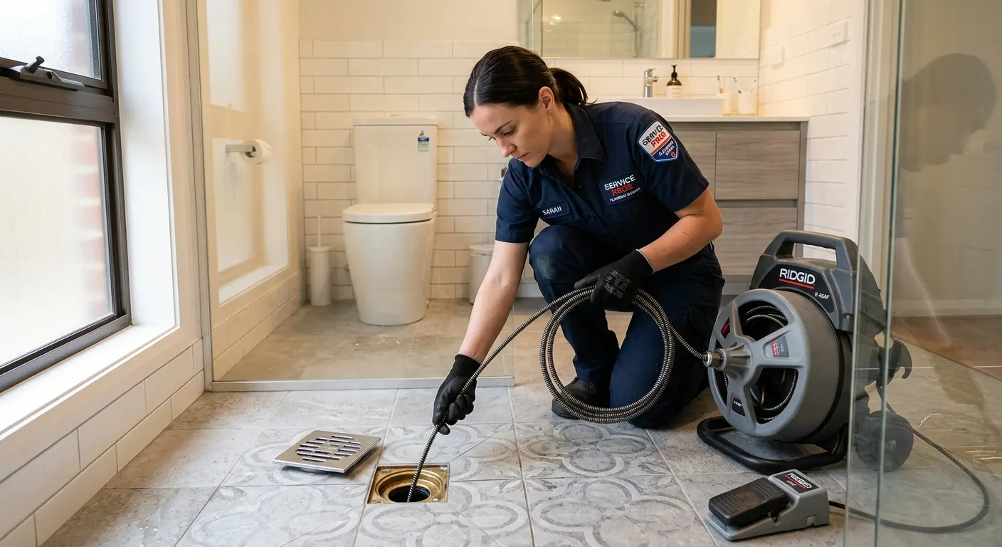 Technician clearing a bathroom floor drain for Clogged Drain Repair in Cortland
